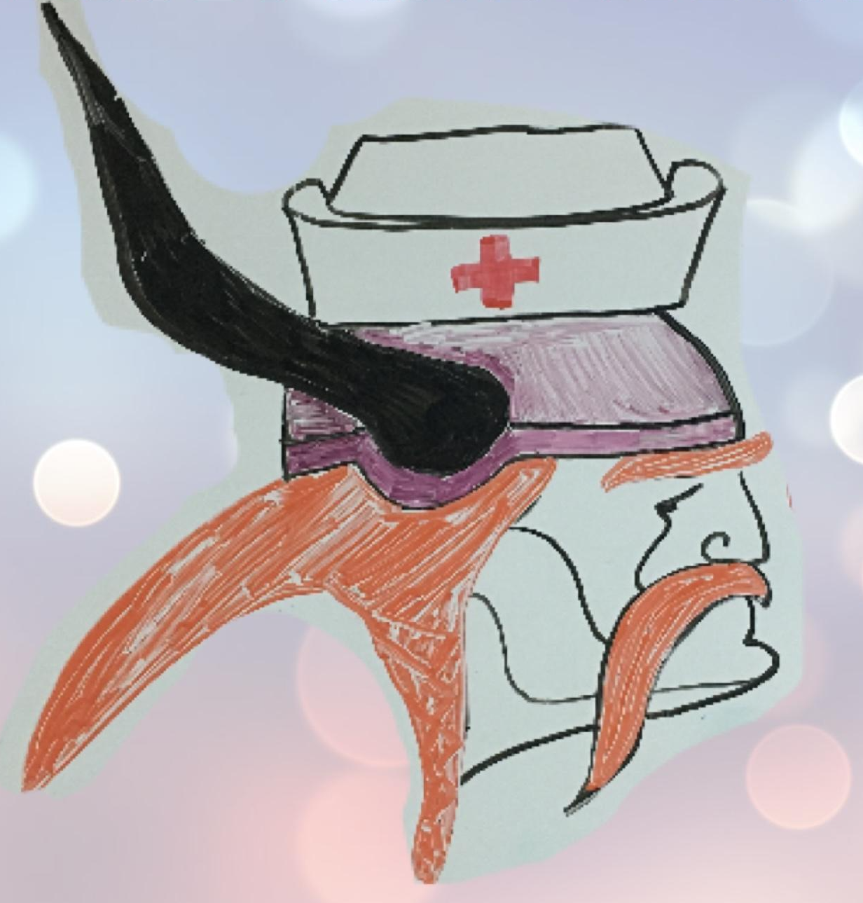 A hand-drawn illustration shows a profile of a figure wearing a nurse's cap adorned with a red cross atop a viking-style horned helmet.